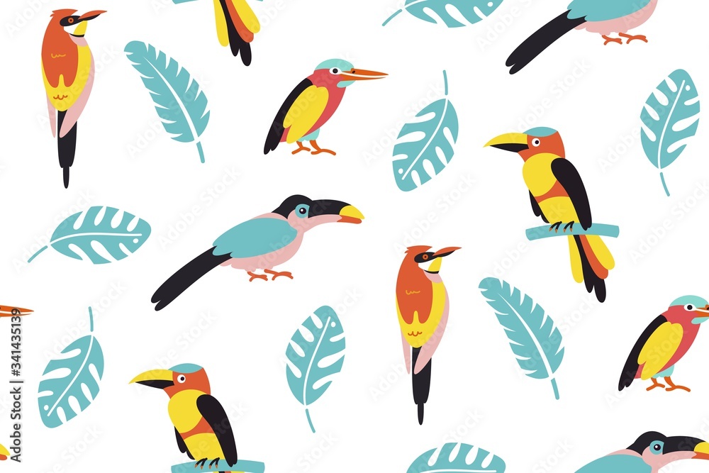 Fototapeta premium Pattern of tropical birds. Bright exotic tropical birds. Macaw, Cockatoo, flamingo, toucan. Vector.