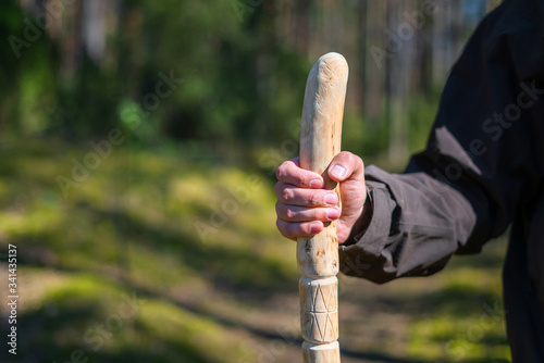 Close up of man holding a walking stick in the forest. Hand made wooden walking pole in hand of walker on a sunny day © CrispyMedia