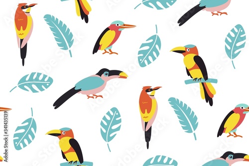 Pattern of tropical birds. Bright exotic tropical birds. Macaw  Cockatoo  flamingo  toucan. Vector.