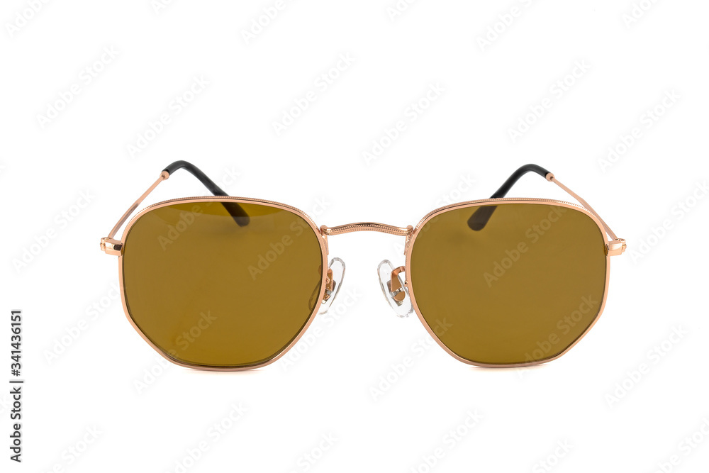 Sunglasses with square shape, wrap around, thin, gold frames. Brown color sunglasses isolated on white background. Front view. Sunglasses with square shape, wrap around, thin, gold frames. Brown color sunglasses isolated on white background. Front view.