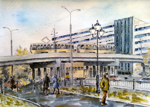 Wallpaper Mural Cityscape overlooking the business district. A light rail on a viaduct, cars passing by, people walk along the sidewalk. Watercolor landscape. Torontodigital.ca