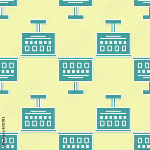 Green Eye test chart icon isolated seamless pattern on yellow background. Poster for vision testing in ophthalmic study. Snellen chart.  Vector Illustration