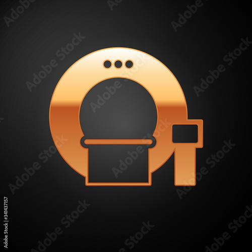 Gold Tomography icon isolated on black background. Medical scanner, radiation. Diagnosis, radiology, magnetic resonance therapy.  Vector Illustration