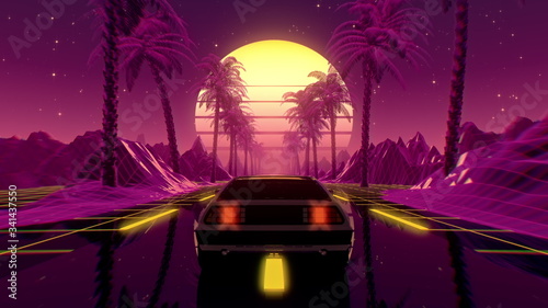 80s retro futuristic sci-fi 3D illustration with vintage car. Riding in retrowave VJ videogame landscape, neon lights and low poly grid. Stylized cyberpunk vaporwave background. 4K