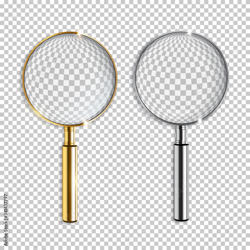 Vector realistic golden and silver magnifiers isolated on transparent background.