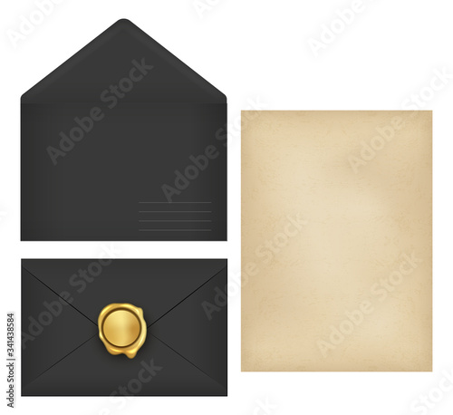 Vintage black envelope, letter paper and golden wax seal vector illustration