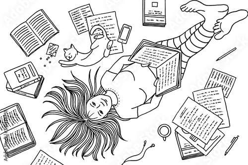Hand drawn illustration of a young woman lying on the floor with her cat, reading a book