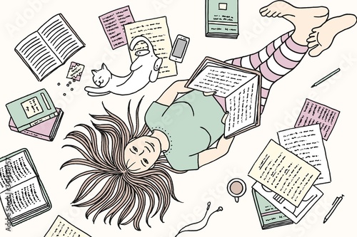 Hand drawn illustration of a young woman lying on the floor with her cat, reading a book