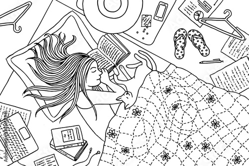Hand drawn illustration of a young woman who fell asleep while reading a book, her cat snoozing next to her