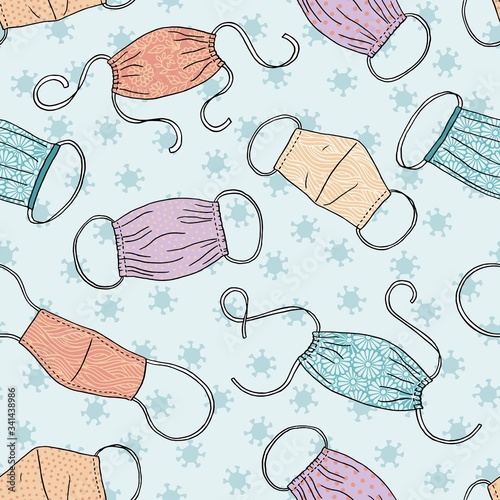 Seamless pattern with hand drawn reusable fabric face masks, makeshift masks coronavirus pandemic