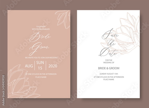 Elegant wedding invitation card with magnolia flowers.