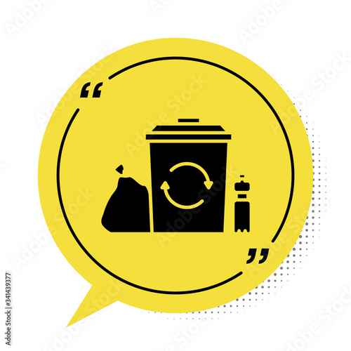 Black Recycle bin with recycle symbol icon isolated on white background. Trash can icon. Garbage bin sign. Recycle basket. Yellow speech bubble symbol. Vector Illustration