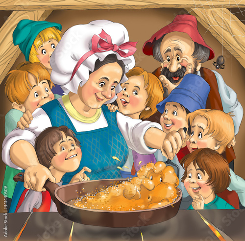 Vintage illustration of a peasant family. Mom bakes a tortilla in a pan. The children surrounded her and are looking forward to dinner.