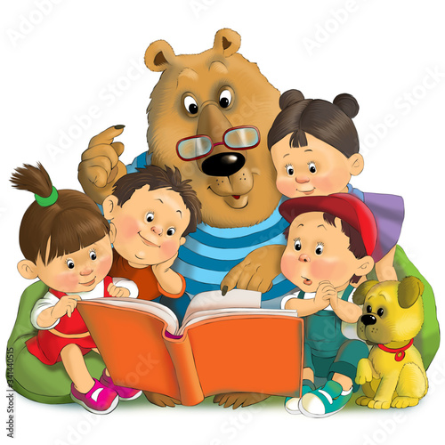 Children's illustration. Friends are reading an interesting book. Big bear and little children.