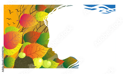Vector illustration allegory autumn. Silhouette profile of a girl on the background of falling colorful leaves. With place for text or calendar.