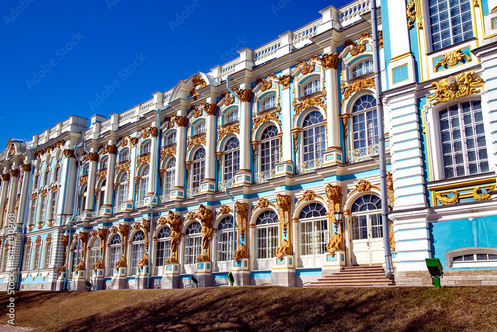 World-famous of the Catherine palace in the town of Pushkin or Tsarskoye Selo, 25 kilometers south of St. Petersburg, Russia. It is a remarkable edifice in the Russian Baroque style.