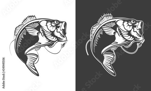 Fishing logo. Bass fish with rod club emblem. Fishing theme illustration. Isolated on white.