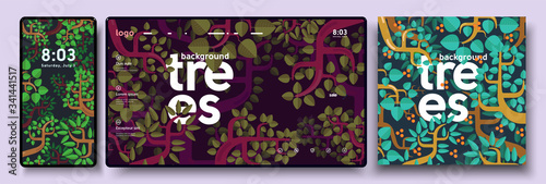 Vector illustration. Summer, nature, leaves, trees. A set of backgrounds for mobile phone, desktop, and cover art.