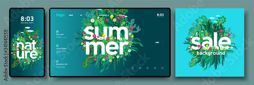 Vector illustration. Summer, nature, leaves, trees. A set of backgrounds for mobile phone, desktop, and cover art.