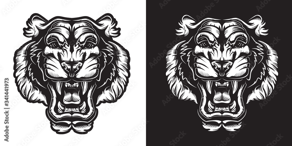 Fototapeta premium Tiger angry face tattoo. Vector illustration of big cat head. Tiger print.