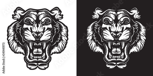 Tiger angry face tattoo. Vector illustration of big cat head. Tiger print.