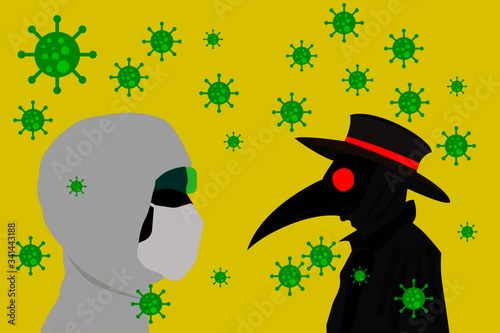 Black plague doctor and modern era doctor in a biosafety suit surrounded by viruses.