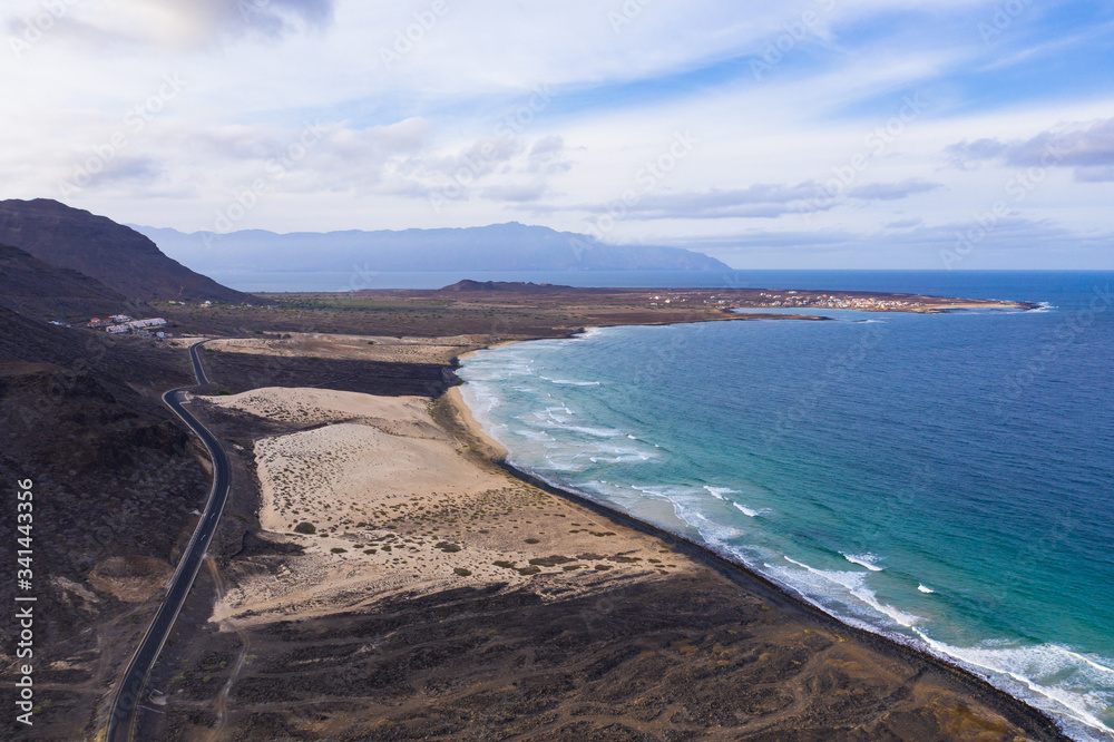 Aerial view of Mindelo coastline beach  in Sao Vicente Island in Cape Verde
