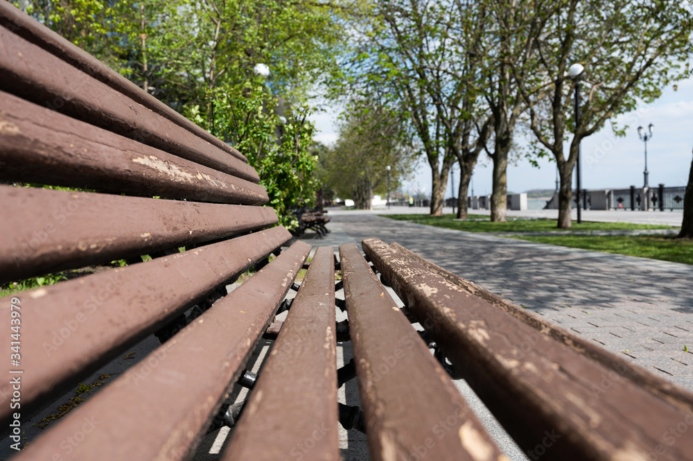 old wooden bench with peeling paint in a city park old wooden bench with peeling paint in a city park