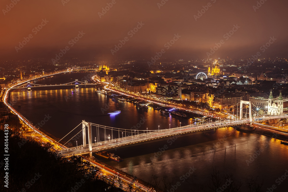 Panoramic view of evening Budapest from Gellert Hill.