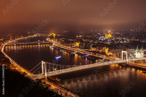 Panoramic view of evening Budapest from Gellert Hill.