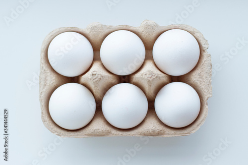 Organic chicken eggs - fresh from producer. Top view. Eco-friendly egg production. 