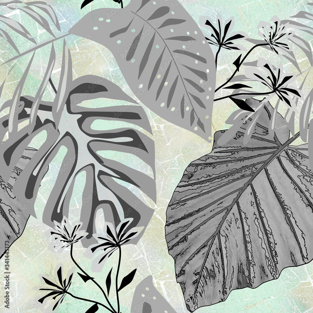 custom made wallpaper toronto digitalSeamless abstract pattern. Gray tropical leaves and flowers on a delicate grunge background.