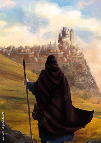 Tableau sur toile illustration fantasy d'un mage devant une ville avec château