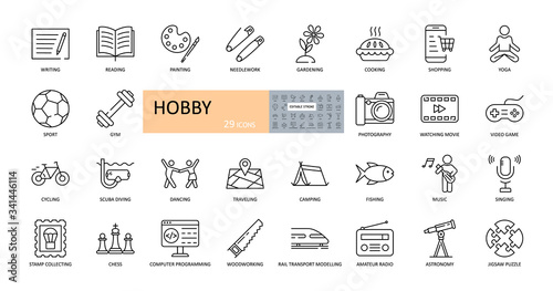 Vector hobby icons. Editable Stroke. Hobbies for children and adults at home and outdoors. Sports, diving, dancing, reading, drawing, music and singing, collecting, chess, astronomy, photo and video