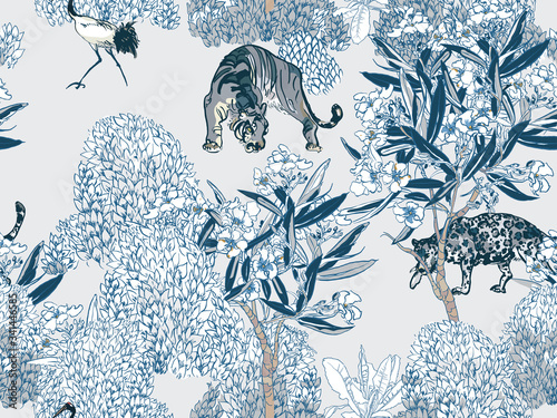Wallpaper Mural Blue and White Wild Animals Predators in Blooming Garden Blue and White Porcelain Chinese Design, Wild Cats in Oleander Floral Tree Chinoiserie Seamless Pattern Torontodigital.ca