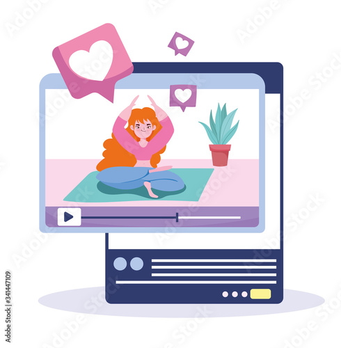 online yoga, woman sitting in yoga pose on website