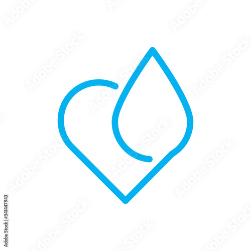 Icono plano lineal corazón con gota en color azul