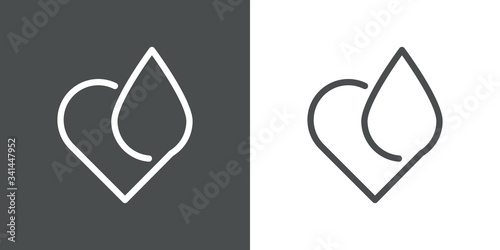 Icono plano lineal corazón con gota en fondo gris y fondo blanco