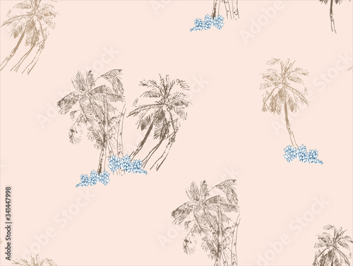 Isolated Groups of Palms in the Sea, Islands, Beach, Ocean Hawaiian Print on Pink Background, Banana Trees Tropical Plants Hawaii, Tropics Seamless Pattern Hand Drawn