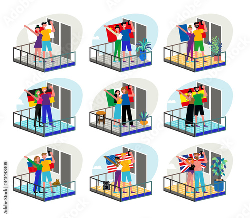 Stay Home Motivational Set. People In Balconies Staying Home Due To Quarantine With Flags.