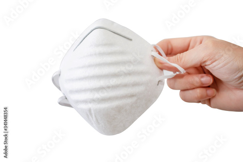 Hand holding Face mask or Dust mask isolated on white background.
