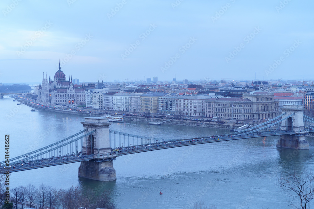 Evening view upon Budapest. The Chain Bridge, Palace of Parliament and Danube river are just the perfect trio