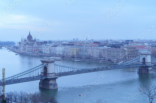 Evening view upon Budapest. The Chain Bridge  Palace of Parliament and Danube river are just the perfect trio