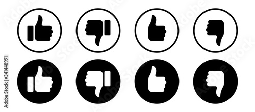 Thumb up and thumb down. Flat icons like and dislike. Yes and no. Vector illustration