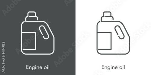 Icono plano lineal con texto Engine oil con botella de plástico en fondo gris y fondo blanco