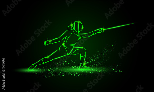 Female fencer in an attacking pose. Vector fencing sport green neon illustration.