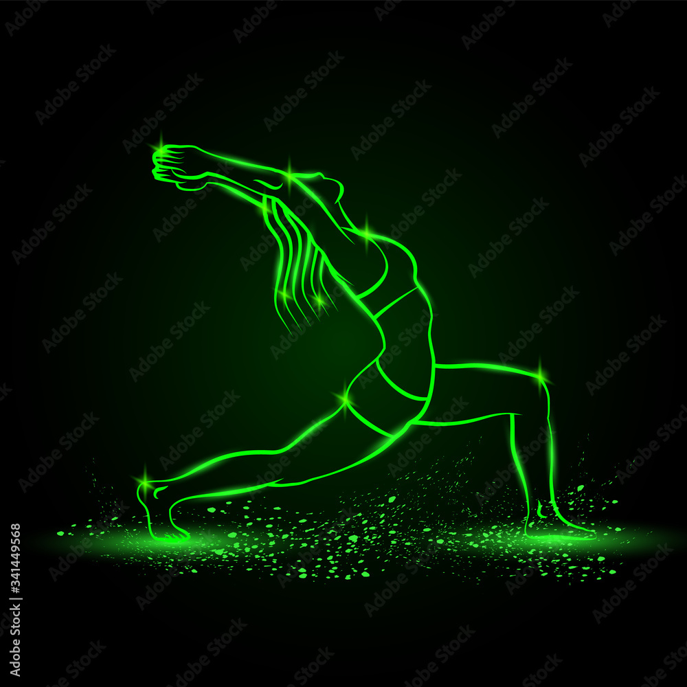 Girl practices yoga in Warrior one pose. Vector green neon Virabhadrasana illustration.