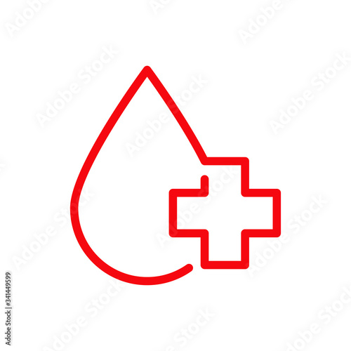 Icono plano lineal gota con cruz en color rojo