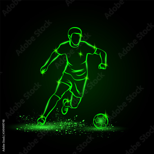 Soccer player dribbling with ball. Vector Football sport green neon illustration.
