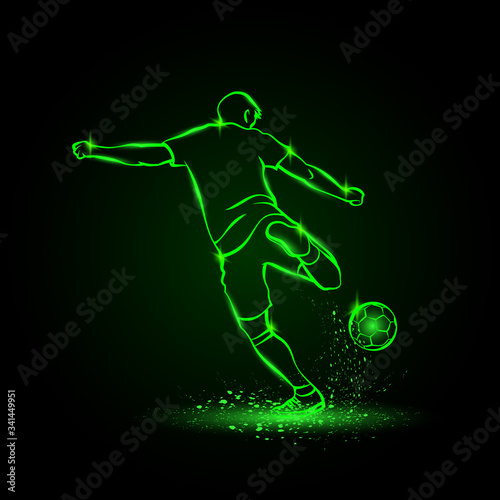 Soccer striker, back view. Football player hits the ball in the dark. Vector Soccer sport green neon illustration.